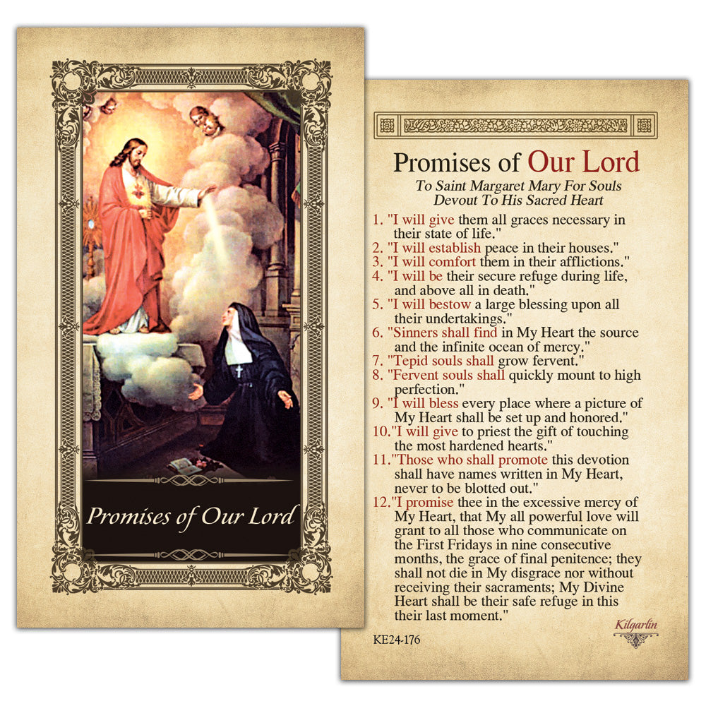 Promises of Our Lord Prayer Card back with twelve Sacred Heart promises to Saint Margaret Mary