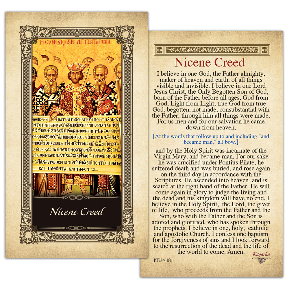 Back of Nicene Creed Kilgarlin Laminated Prayer Card featuring the Catholic profession of faith for Mass, RCIA, Confirmation, and religious education.
