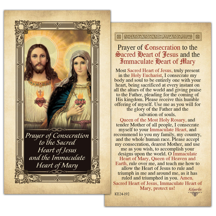 Laminated Catholic prayer card featuring the Sacred Heart of Jesus and Immaculate Heart of Mary