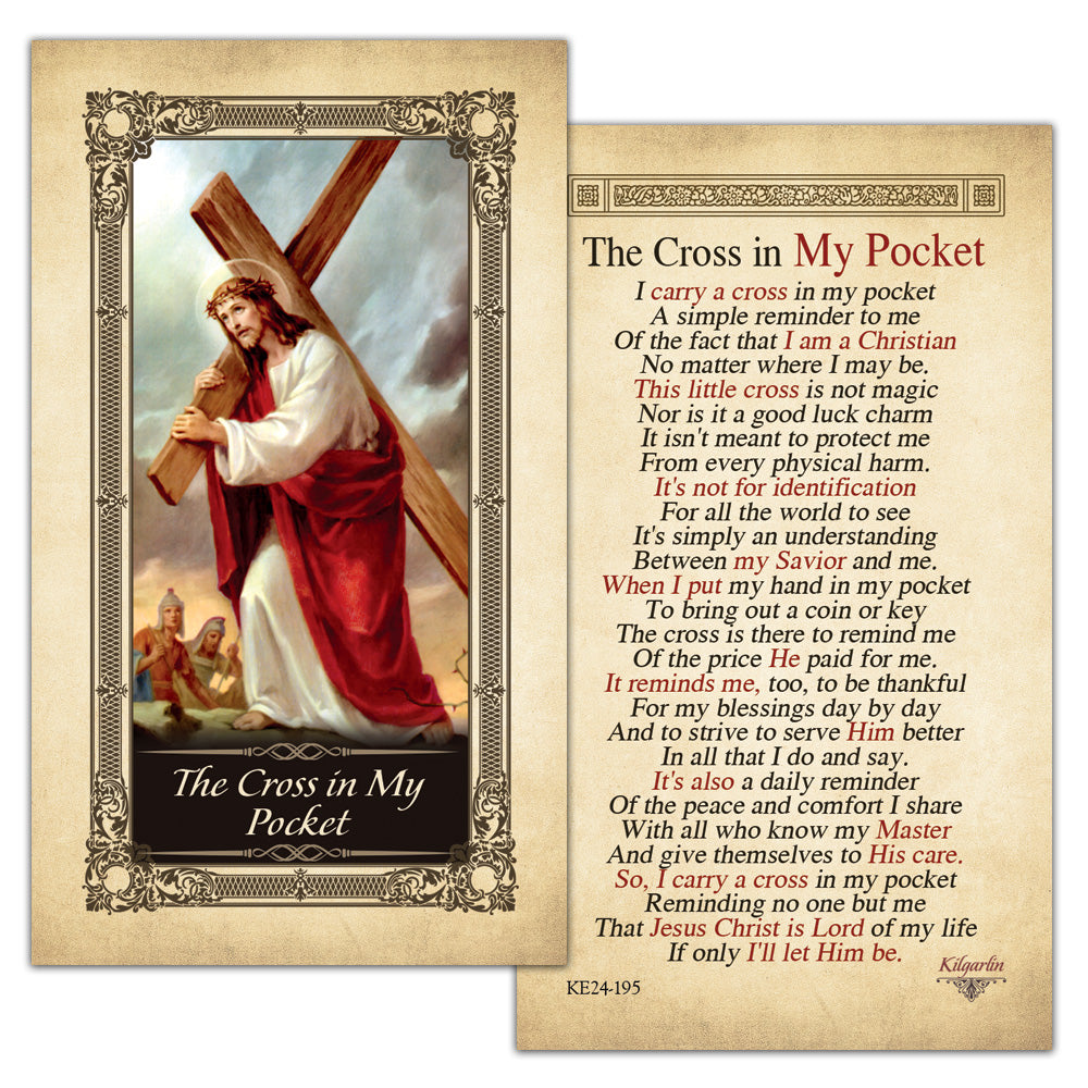 The Cross in My Pocket laminated Catholic prayer card with Christian faith reflection text