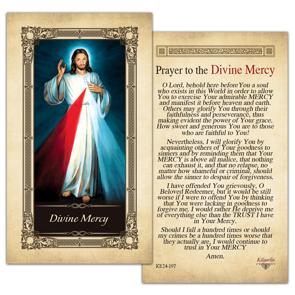 Laminated Divine Mercy prayer card featuring Jesus Christ and Catholic devotion