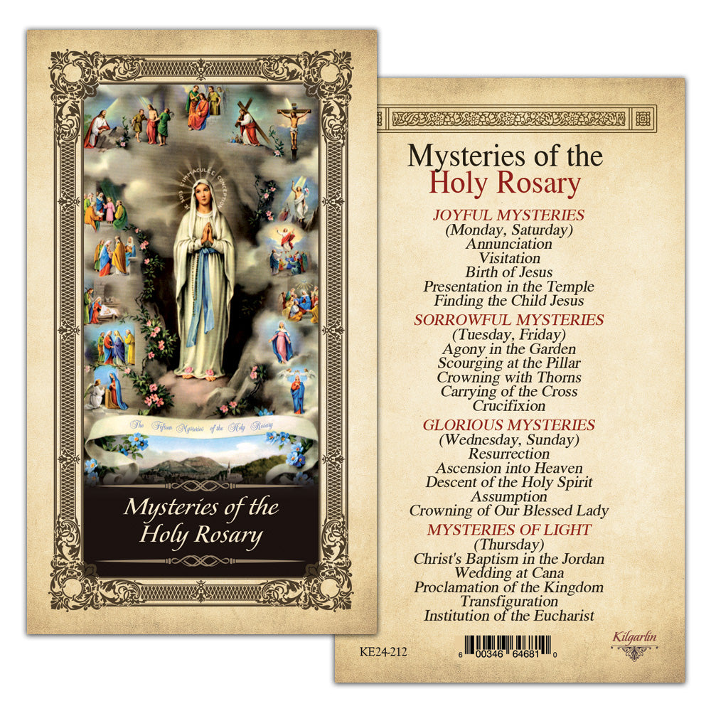Mysteries of the Holy Rosary Prayer Card back listing all 20 Joyful, Sorrowful, Glorious and Luminous Mysteries