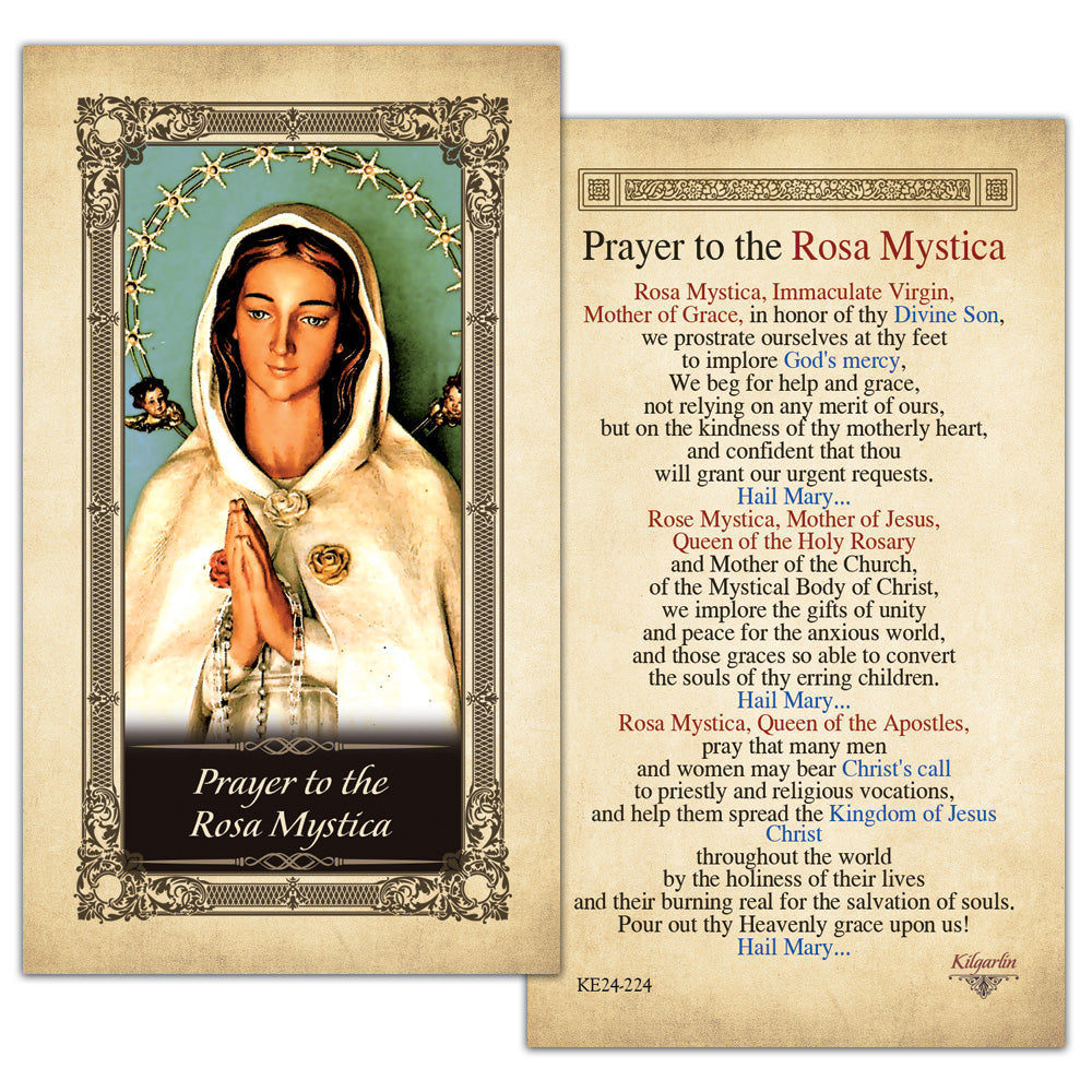 Rosa Mystica Prayer Card back with Catholic prayer for grace, peace, conversion and vocations