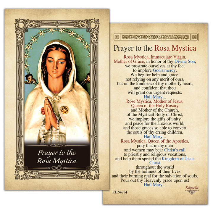 Rosa Mystica Prayer Card back with Catholic prayer for grace, peace, conversion and vocations