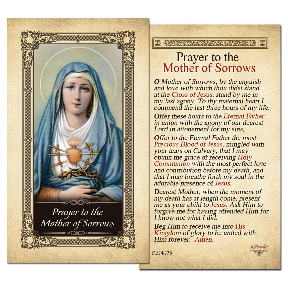 Mother of Sorrows Prayer Card back with Catholic prayer for a holy death, forgiveness and eternal life