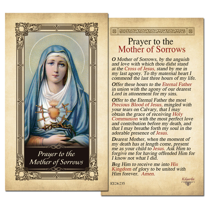 Mother of Sorrows Prayer Card back with Catholic prayer for a holy death, forgiveness and eternal life