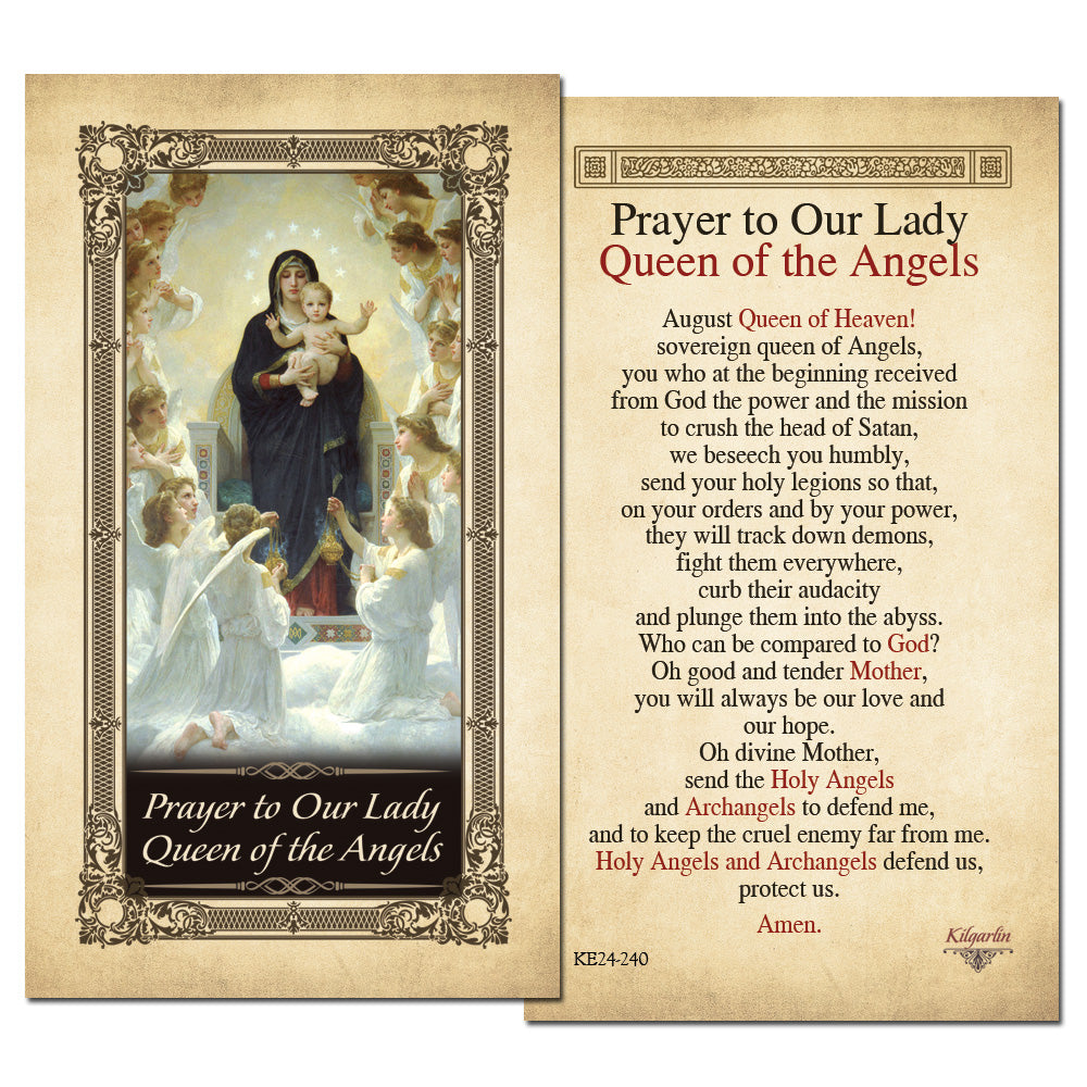 Our Lady Queen of the Angels Prayer Card back with August Queen of Heaven protection prayer