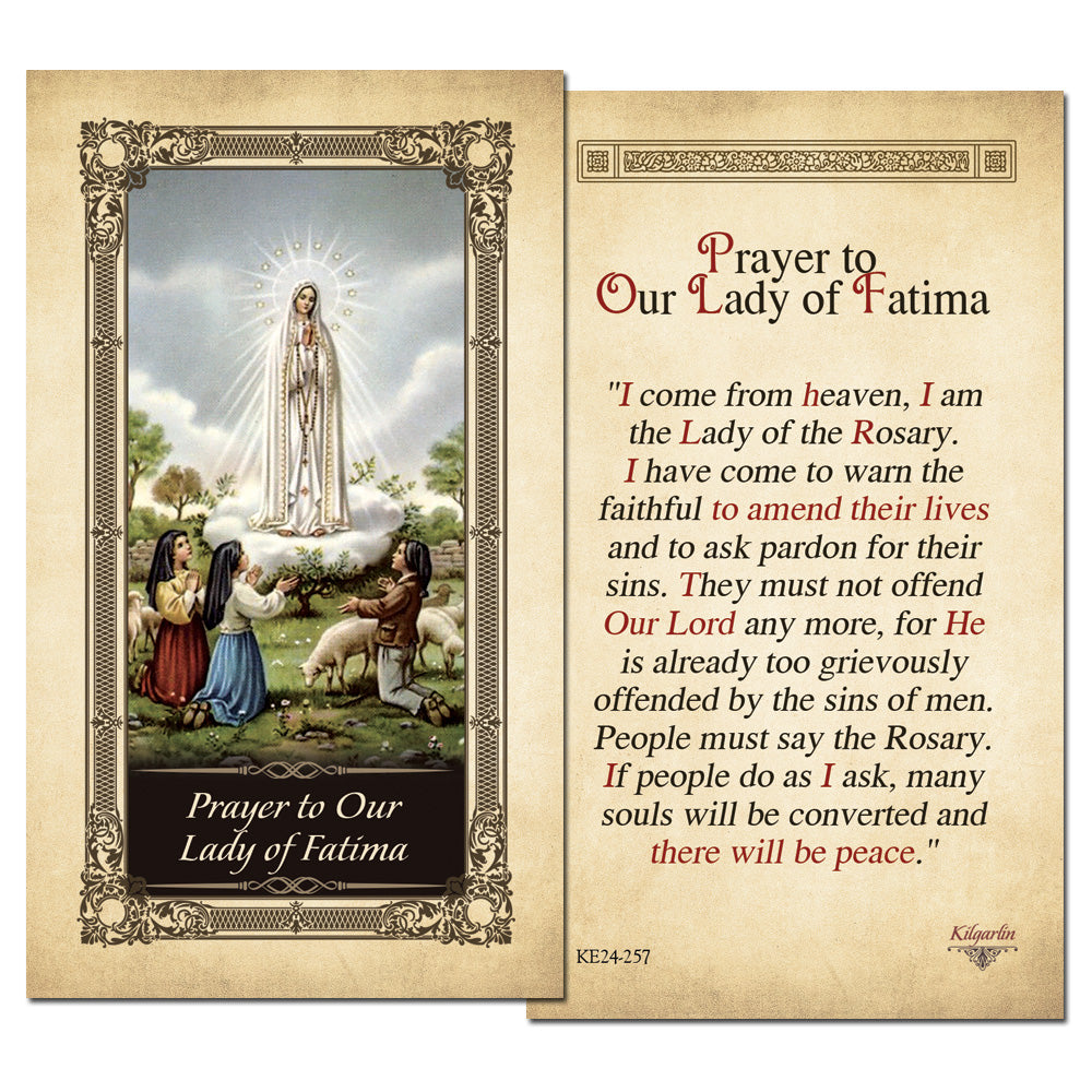 Our Lady of Fatima Prayer Card back with Lady of the Rosary message about prayer, conversion and peace