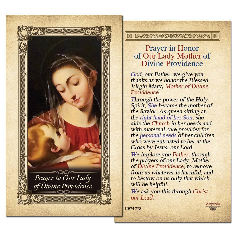 Our Lady of Divine Providence Prayer Card back with Catholic prayer for Mary's intercession, protection and God's providence