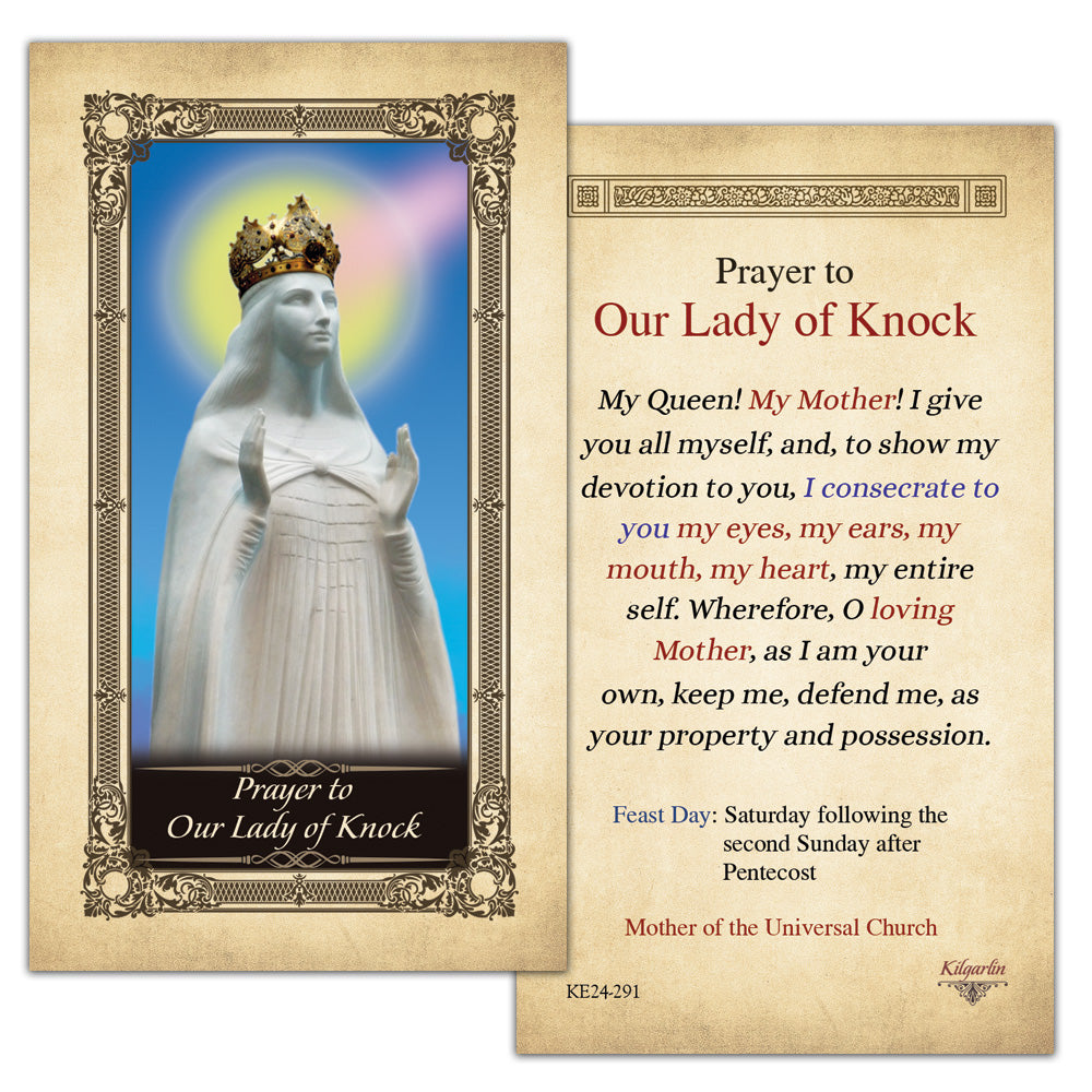 Our Lady of Knock Prayer Card back with Catholic consecration prayer to Mary and Mother of the Universal Church devotion