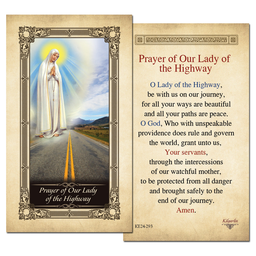 Our Lady of the Highway Prayer Card back with Catholic prayer for safe travel and protection
