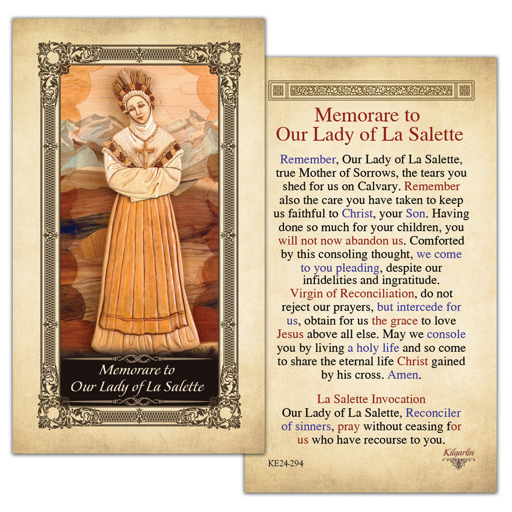 Our Lady of La Salette Prayer Card back with Memorare prayer and La Salette Invocation