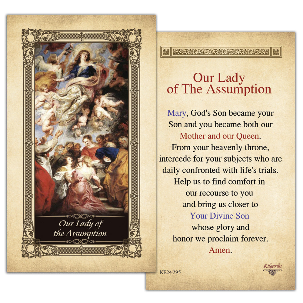 Our Lady of the Assumption Prayer Card back with Catholic prayer for Mary's intercession and comfort