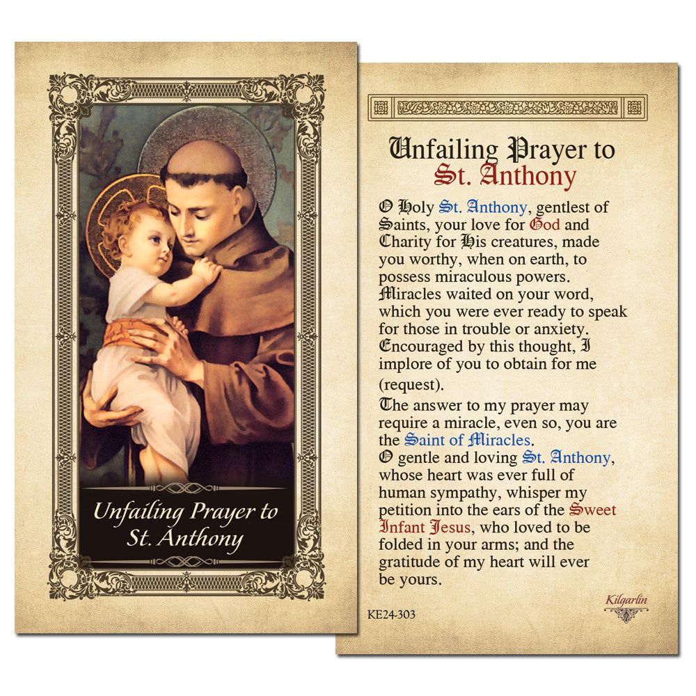 Unfailing Prayer to St. Anthony laminated Catholic prayer card with full prayer text