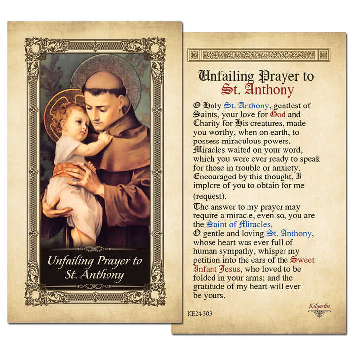 Unfailing Prayer to St. Anthony laminated Catholic prayer card with full prayer text