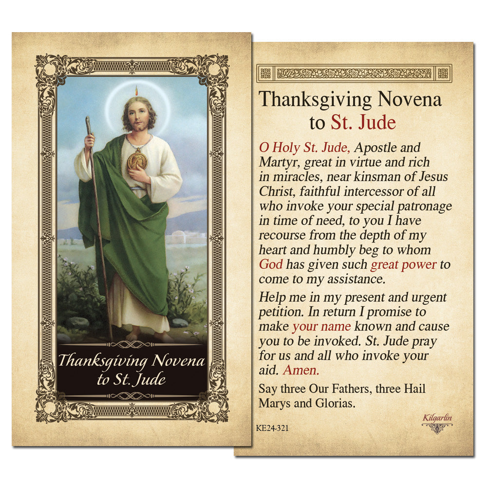Thanksgiving Novena to St. Jude Kilgarlin Laminated Prayer Card featuring a Catholic novena prayer for urgent intentions and St. Jude’s intercession.