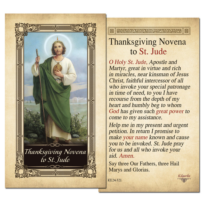 Thanksgiving Novena to St. Jude Kilgarlin Laminated Prayer Card featuring a Catholic novena prayer for urgent intentions and St. Jude’s intercession.