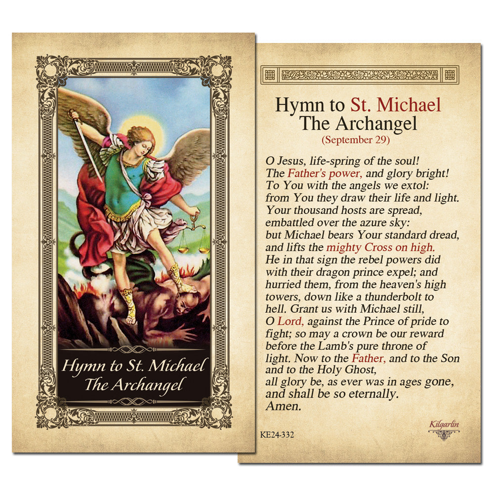 St. Michael the Archangel prayer card with hymn and gold accents