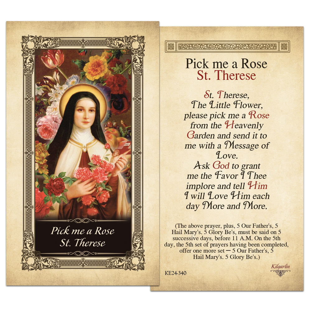 Laminated St. Thérèse Little Flower prayer card featuring the Pick Me a Rose devotion