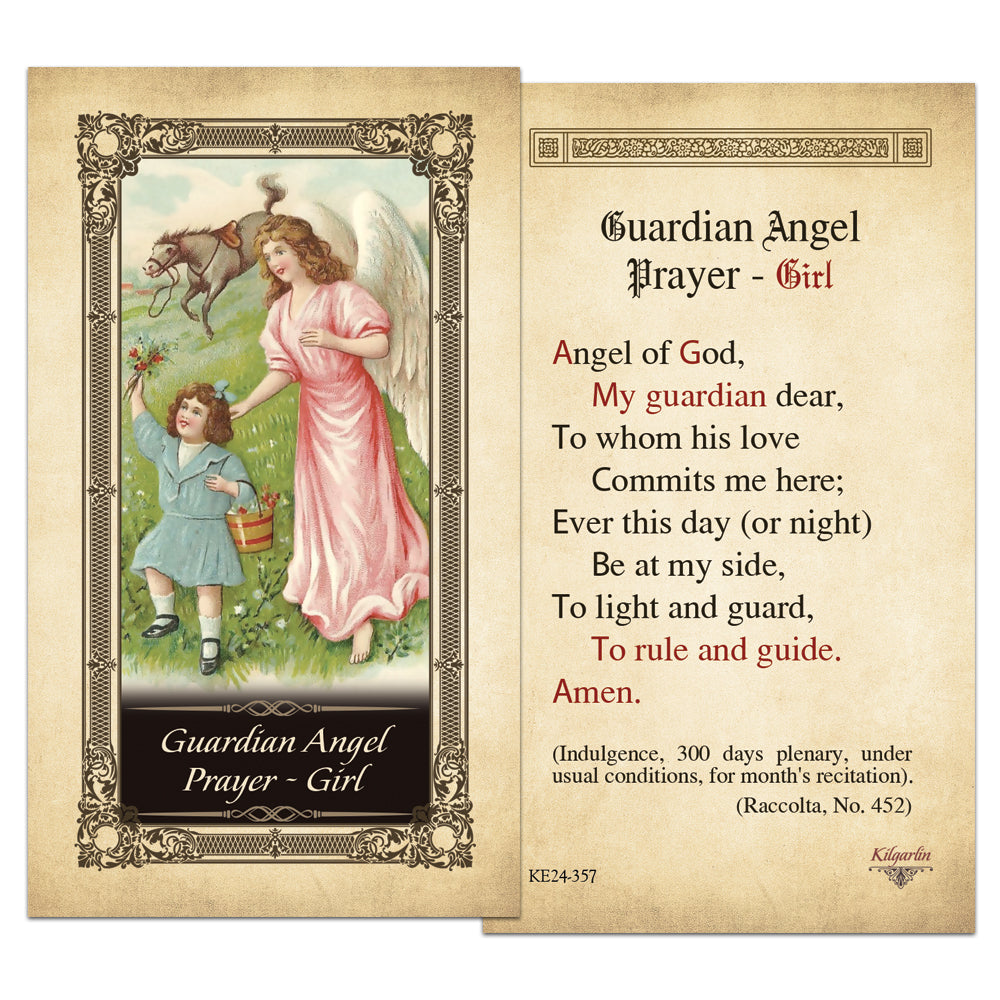 Back of Guardian Angel Prayer - Girl Kilgarlin Laminated Prayer Card featuring the traditional Angel of God prayer for protection, guidance, and Catholic devotion.