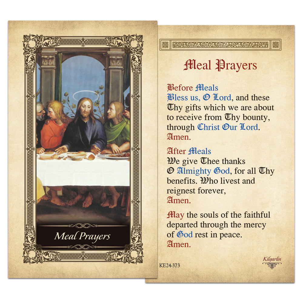 Meal Prayers Kilgarlin Laminated Prayer Card with gold accents and Catholic grace prayers for family meals, church use, and daily devotion.