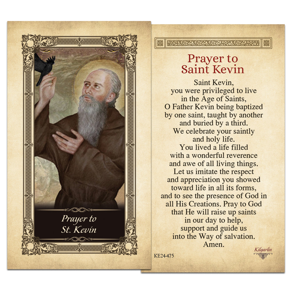 St. Kevin Catholic prayer card with prayer about creation, faith and holy living