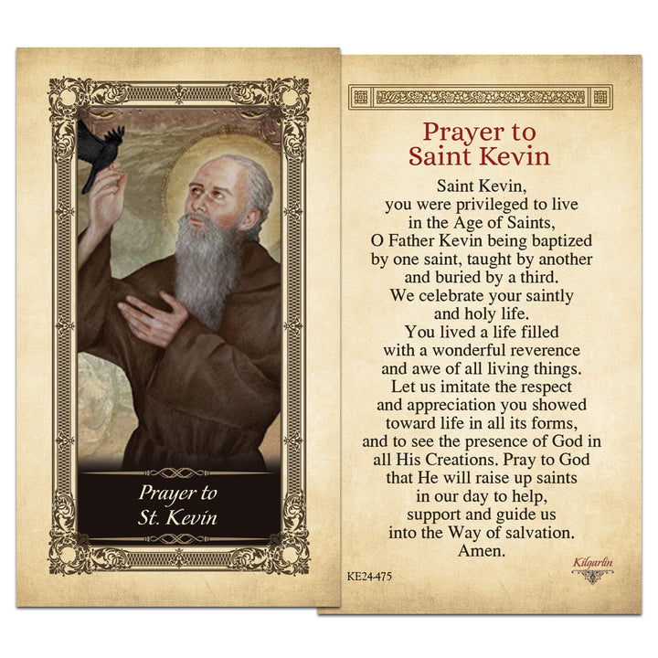 St. Kevin Catholic prayer card with prayer about creation, faith and holy living