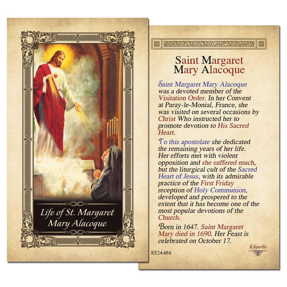 Life of St. Margaret Mary Alacoque Catholic prayer card with Sacred Heart devotion biography
