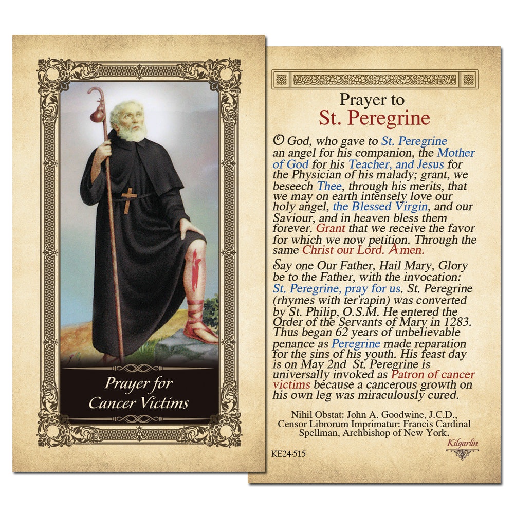 St. Peregrine prayer card back featuring Prayer to St. Peregrine for cancer victims with Catholic devotional text