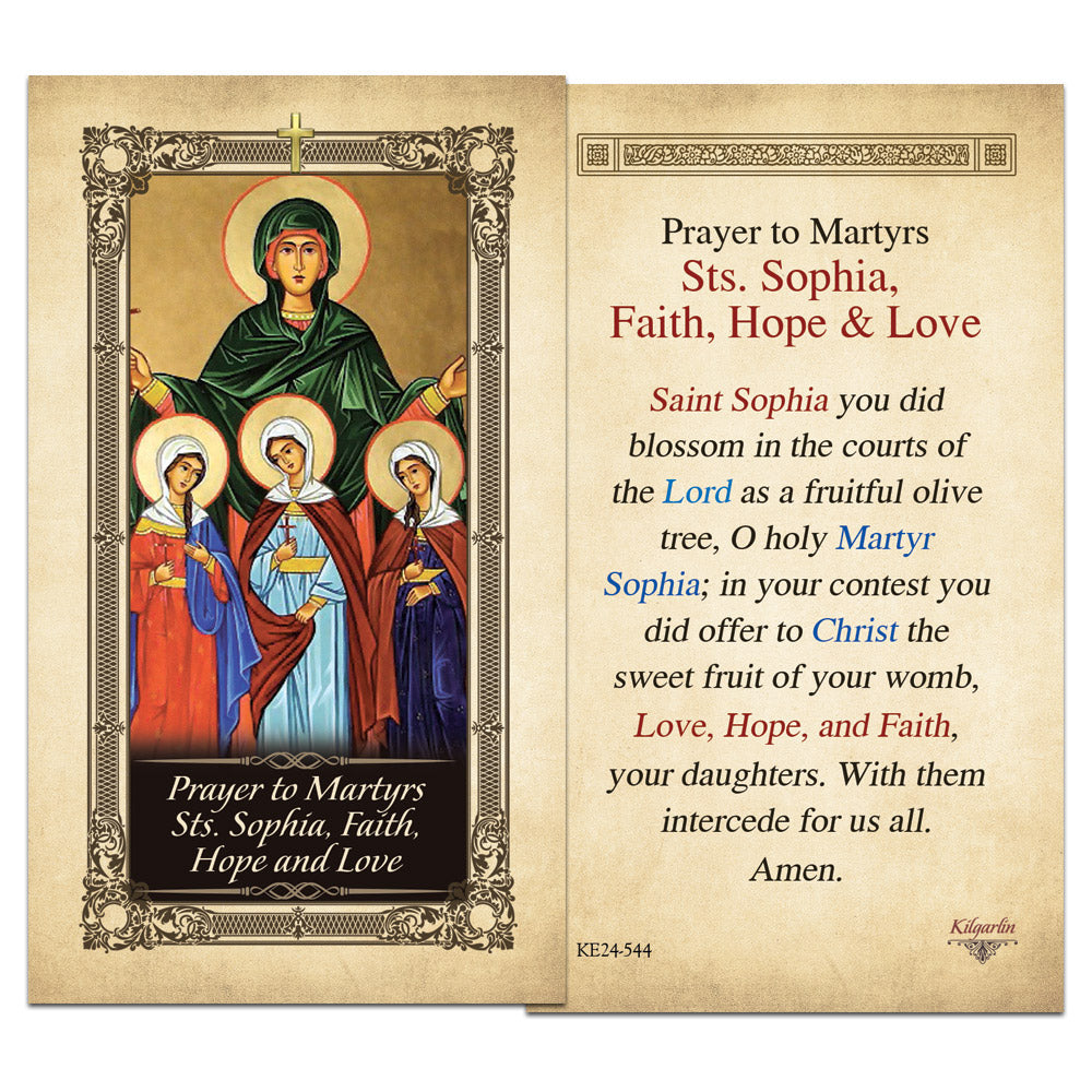 Prayer to Martyrs Sts Sophia Faith Hope and Love laminated Catholic prayer card with prayer text