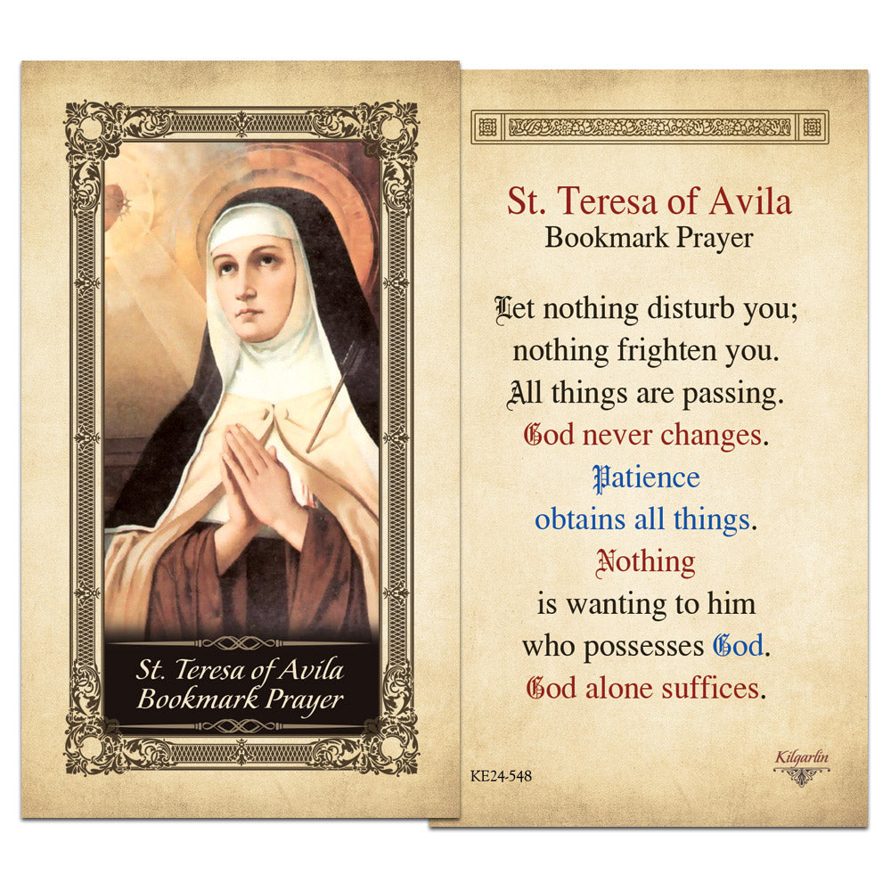 St. Teresa of Avila laminated Catholic prayer card featuring let nothing disturb you prayer