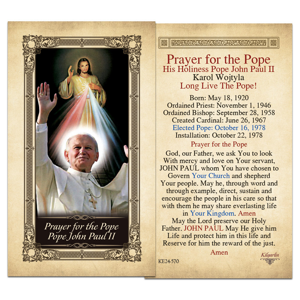 Prayer for the Pope Pope John Paul II Kilgarlin Laminated Prayer Card with biographical dates and Catholic prayer for guidance, protection, and faithful leadership.