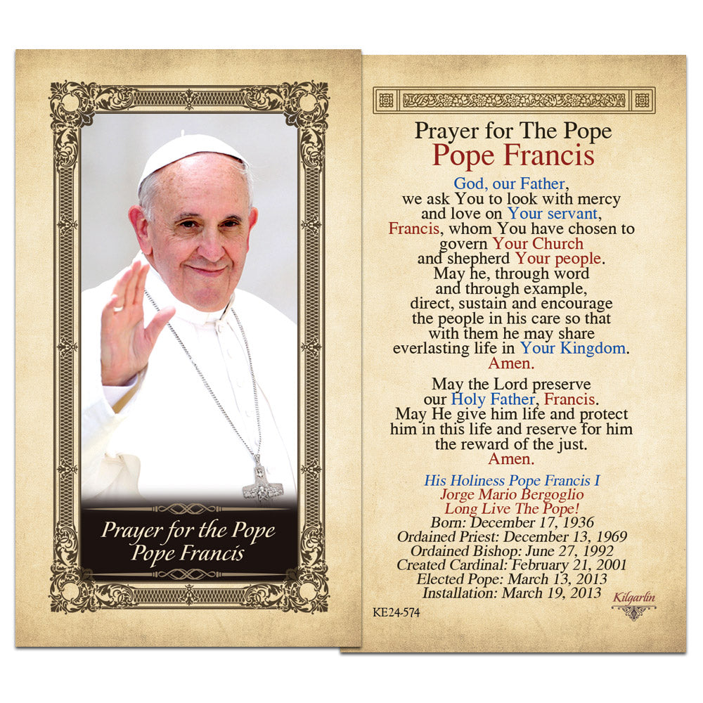 Pope Francis Catholic prayer card with prayer for the Holy Father and papal details