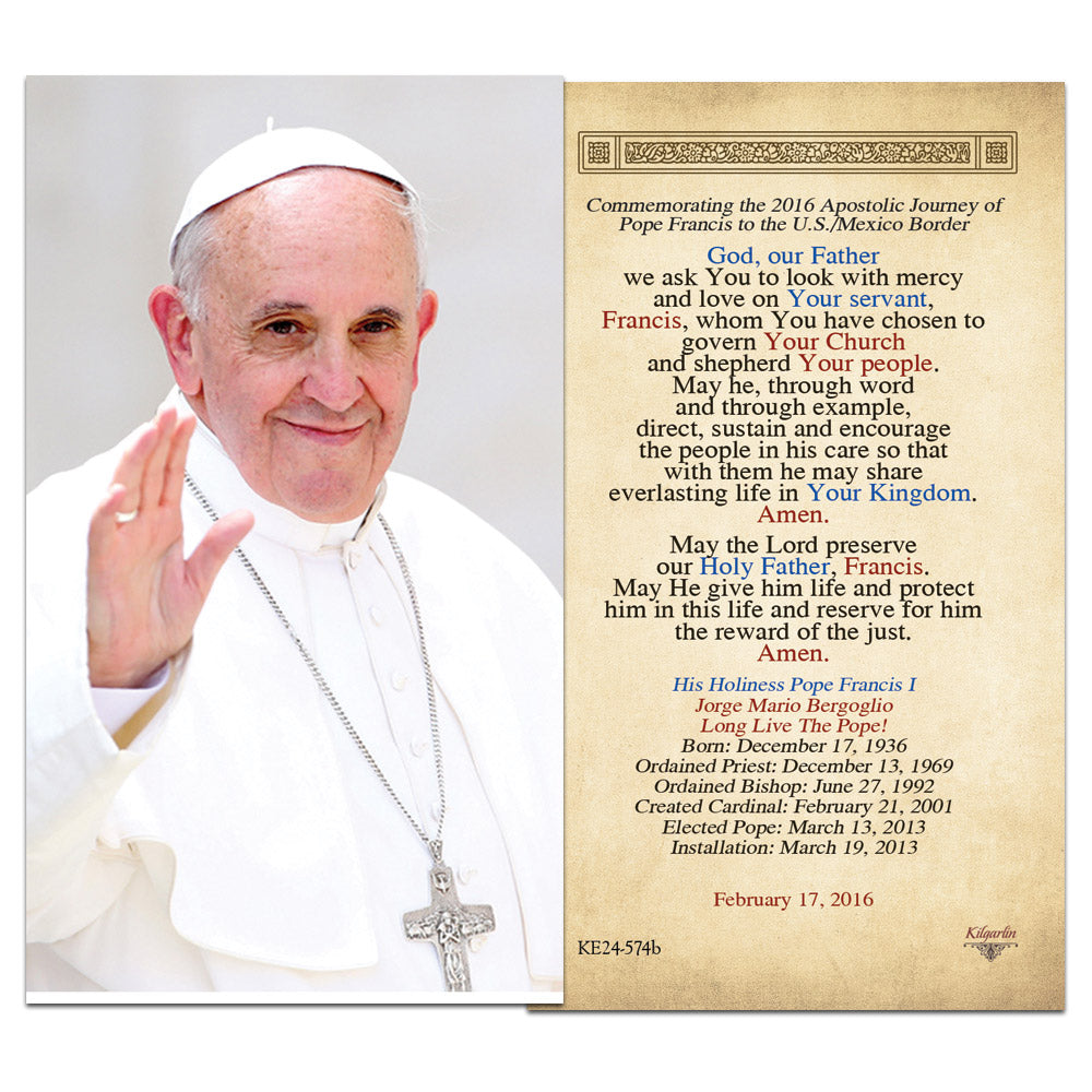 Pope Francis 2016 Apostolic Journey laminated prayer card with prayer and papal details
