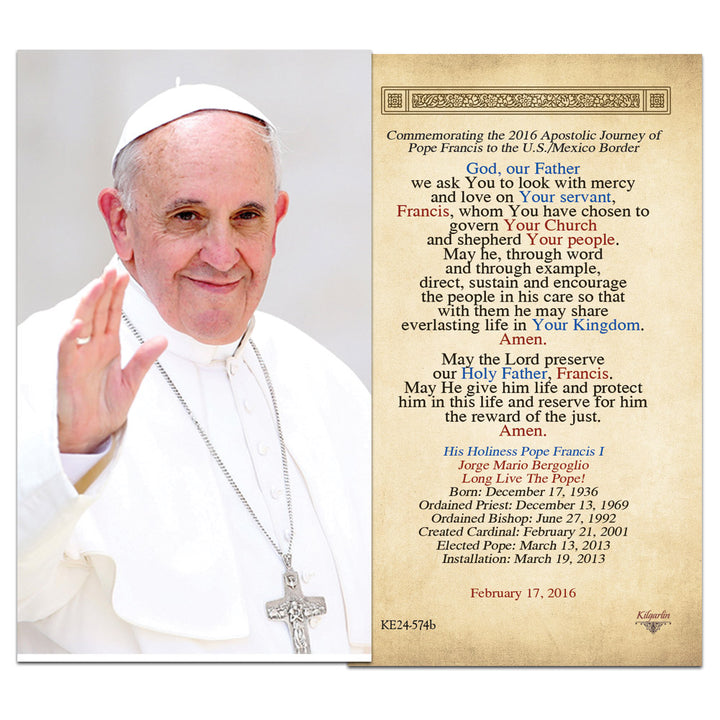 Pope Francis 2016 Apostolic Journey laminated prayer card with prayer and papal details