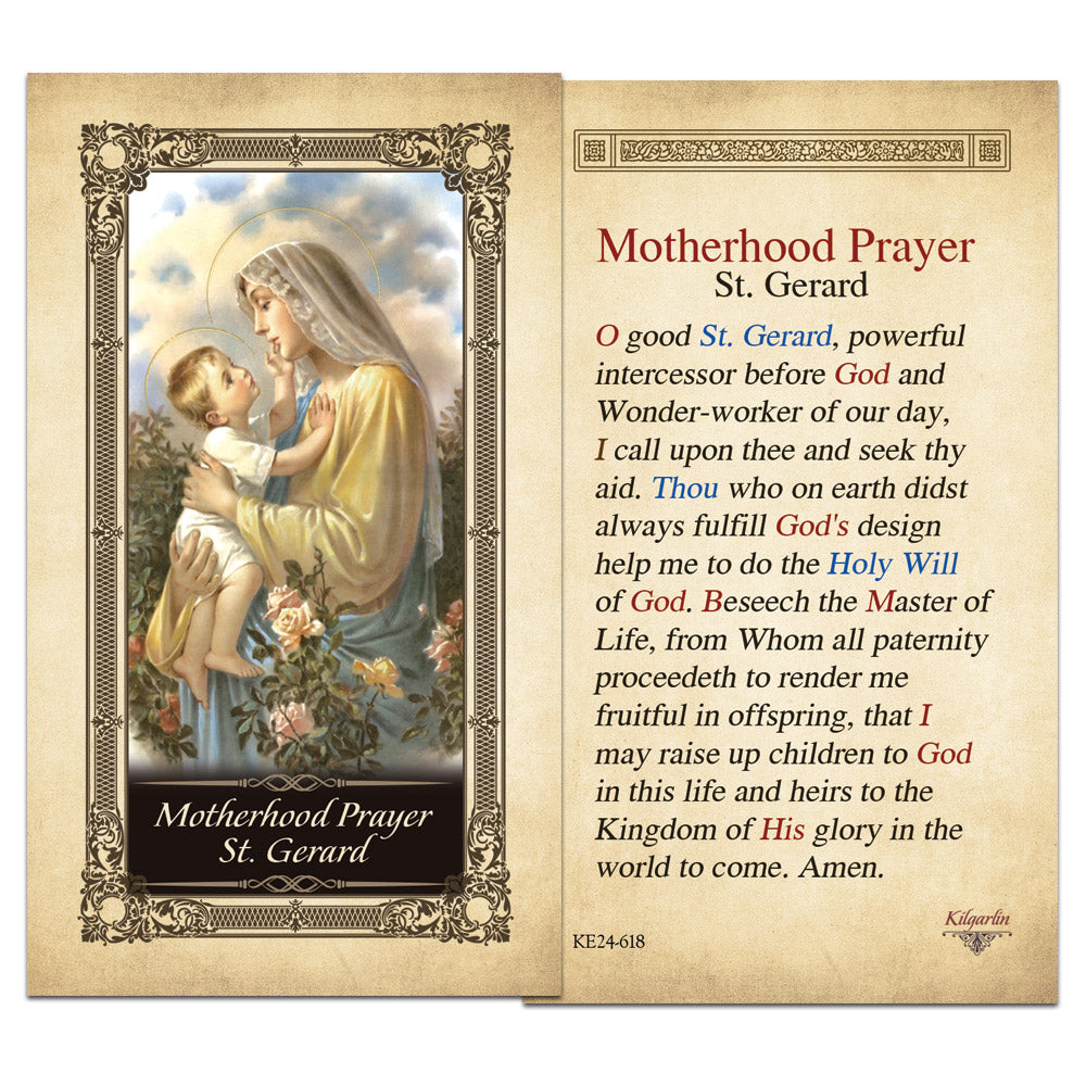St. Gerard laminated Catholic motherhood prayer card with full prayer text