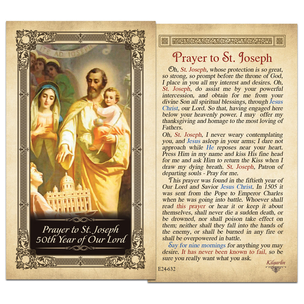 St. Joseph laminated Catholic prayer card featuring 50th Year of Our Lord devotion and prayer