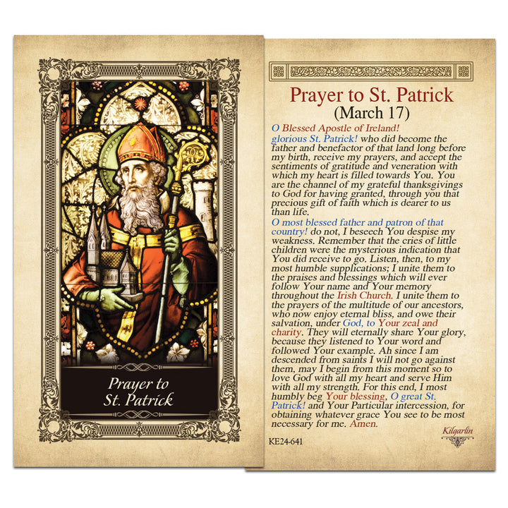 Back of Prayer to St. Patrick Kilgarlin Laminated Prayer Card featuring the March 17 intercessory prayer to the patron saint of Ireland for Catholic prayer and St. Patrick’s Day.