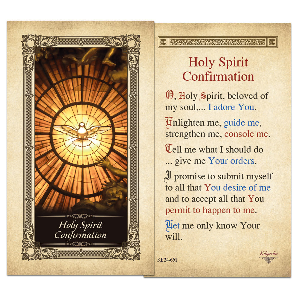 Back of Holy Spirit Confirmation Kilgarlin Laminated Prayer Card featuring a Catholic prayer for guidance, strength, consolation, and obedience to God’s will.
