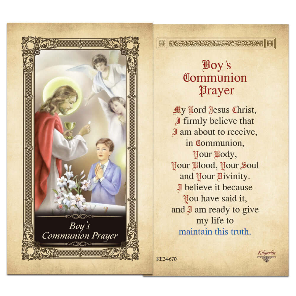 Back of Boy's Communion Prayer Kilgarlin Laminated Prayer Card featuring a First Holy Communion prayer affirming faith in the Body, Blood, Soul, and Divinity of Jesus Christ.