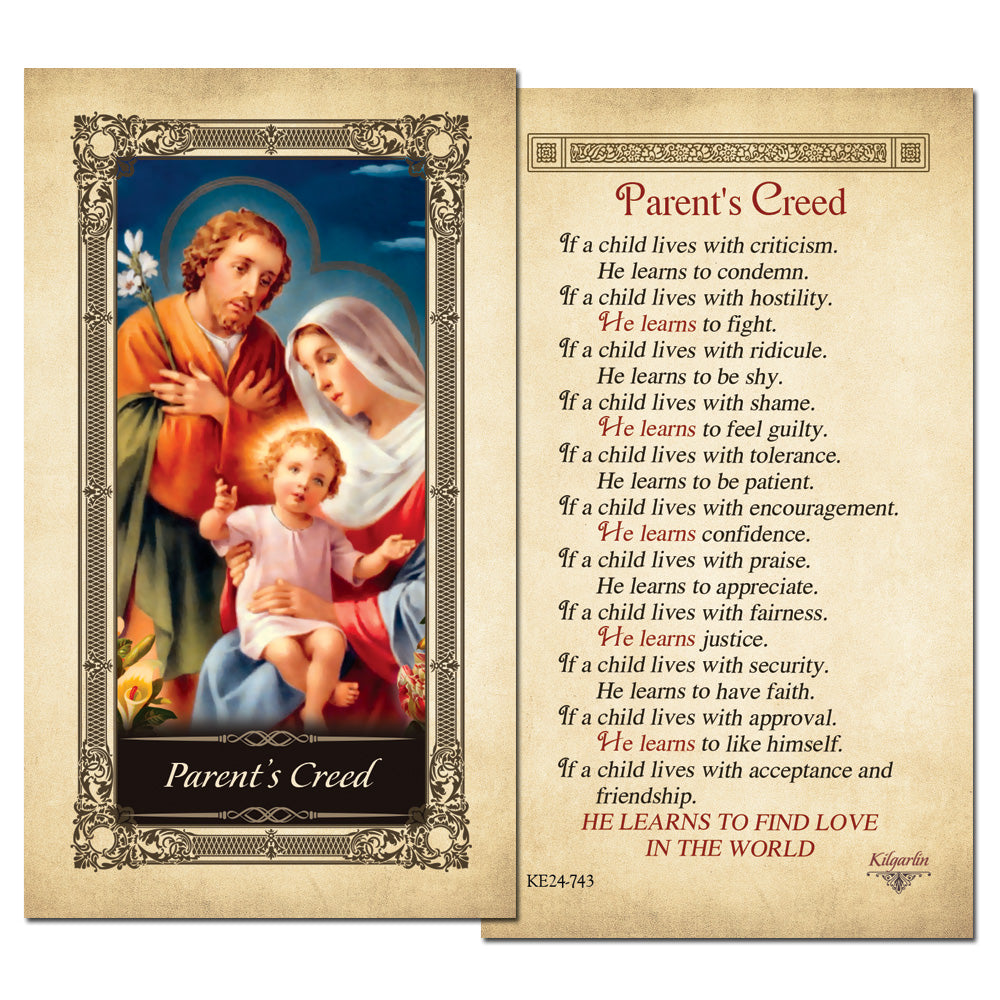 Parent's Creed laminated Catholic prayer card with parenting reflection text