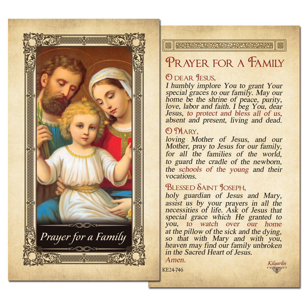 Prayer for a Family laminated Catholic prayer card with Jesus Mary and Saint Joseph prayer text