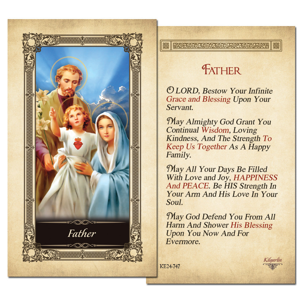 Back of Father Kilgarlin Laminated Prayer Card featuring a Catholic prayer asking God to bless fathers with wisdom, strength, love, peace, and protection.