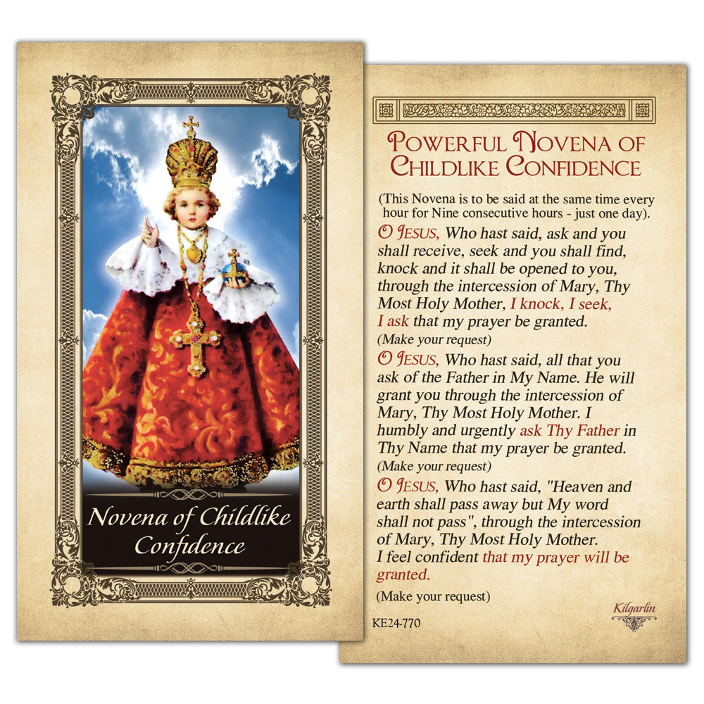 Powerful Novena to Childlike Confidence Prayer Card back with nine-hour Catholic novena for special intentions