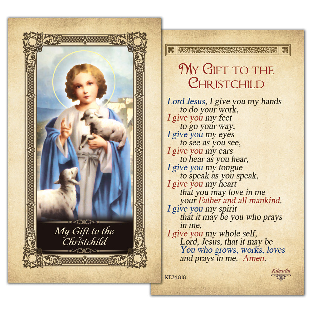 Back of My Gift to the Christchild Kilgarlin Laminated Prayer Card featuring a Catholic self-offering prayer to Jesus for Christmas, First Communion, and daily devotion.