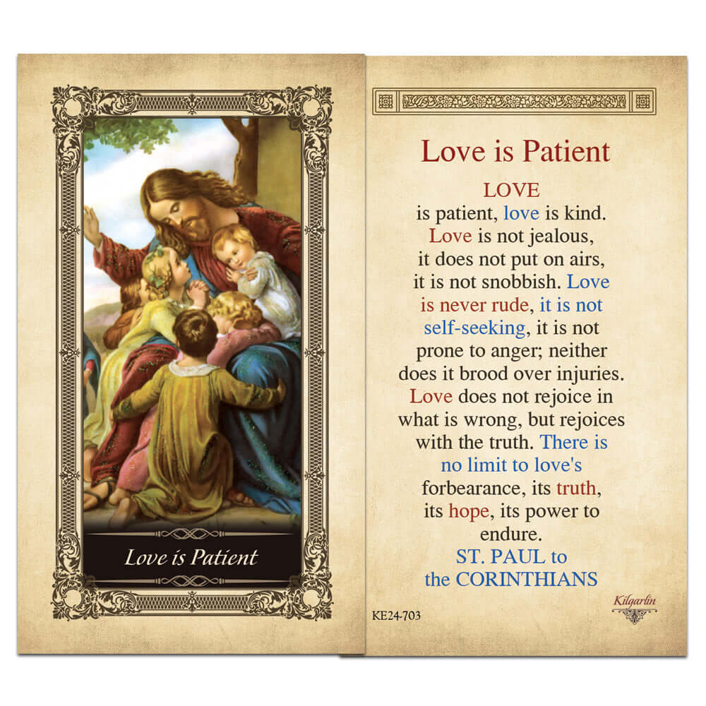 Love is Patient laminated Catholic prayer card with St. Paul Corinthians scripture text