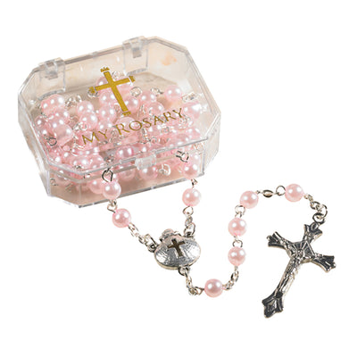Sacramental Rosary - Baptism Pink Imit Pearl This beautiful rosary features pink imitation pearl beads and comes gift boxed.