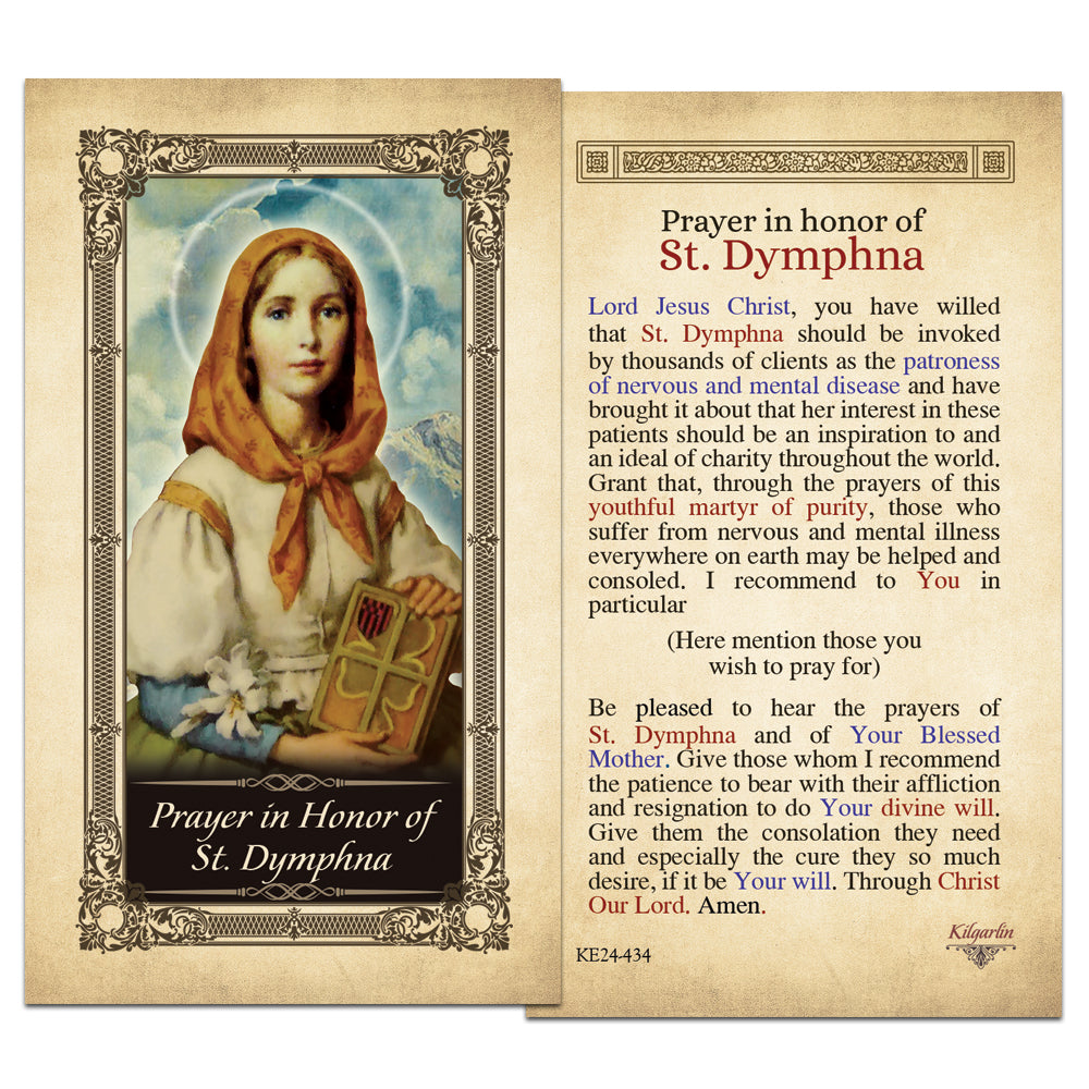 Laminated Saint Dymphna prayer card for Catholic prayer, intercession and devotion