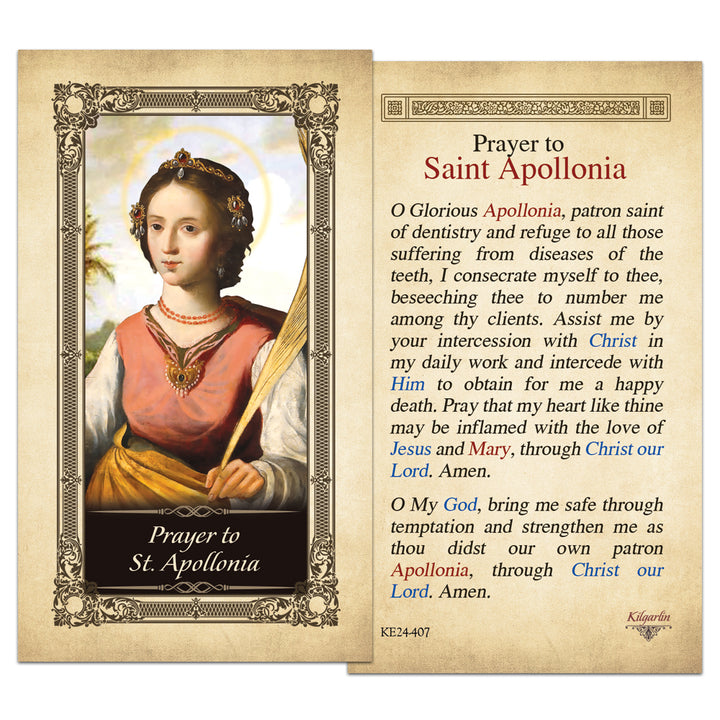 St. Apollonia Prayer Card back with prayer for tooth pain, dentistry, and Catholic devotion