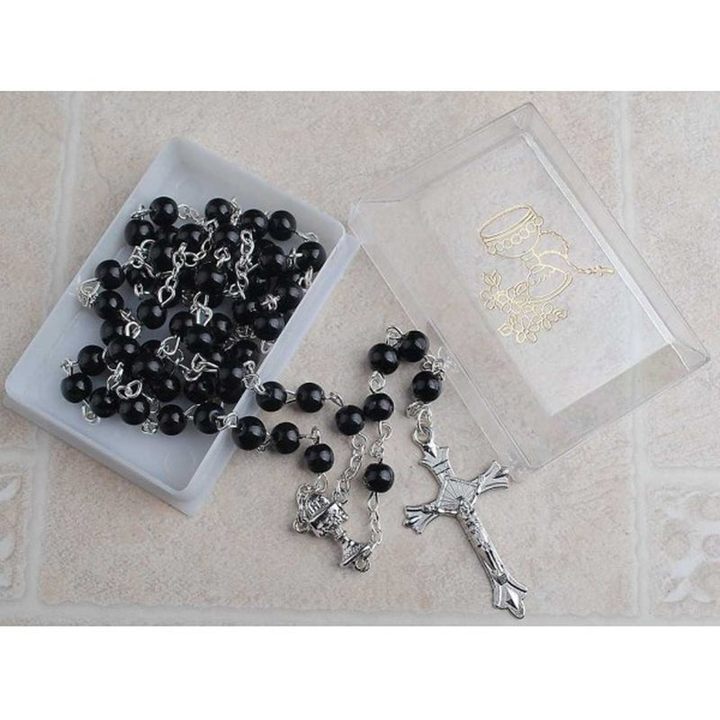 First Communion Glass Pearl Rosary with Silver Pin and Chain (6mm)